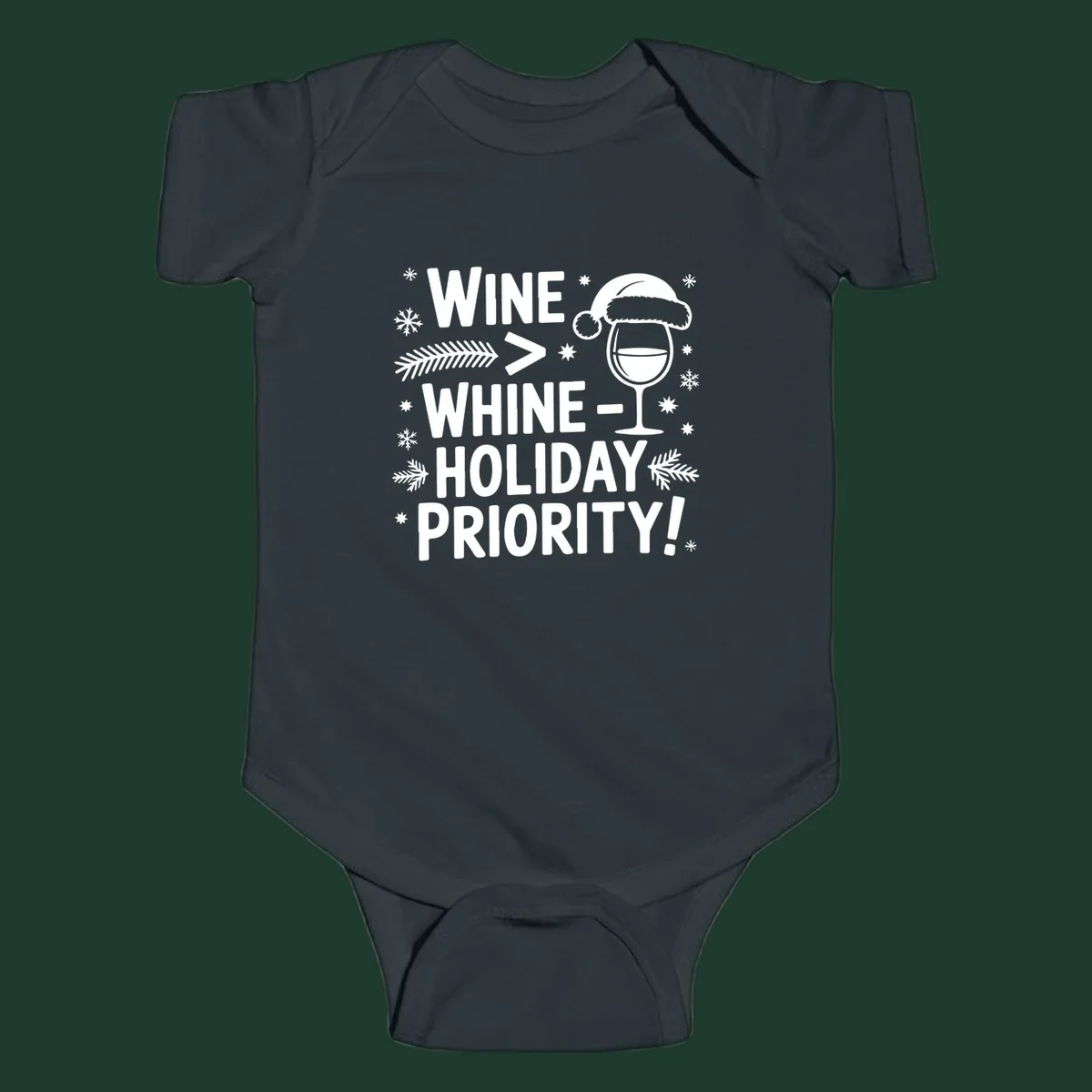 White text graphic with wine glass and holiday elements: Wine > Whine - Holiday Priority!