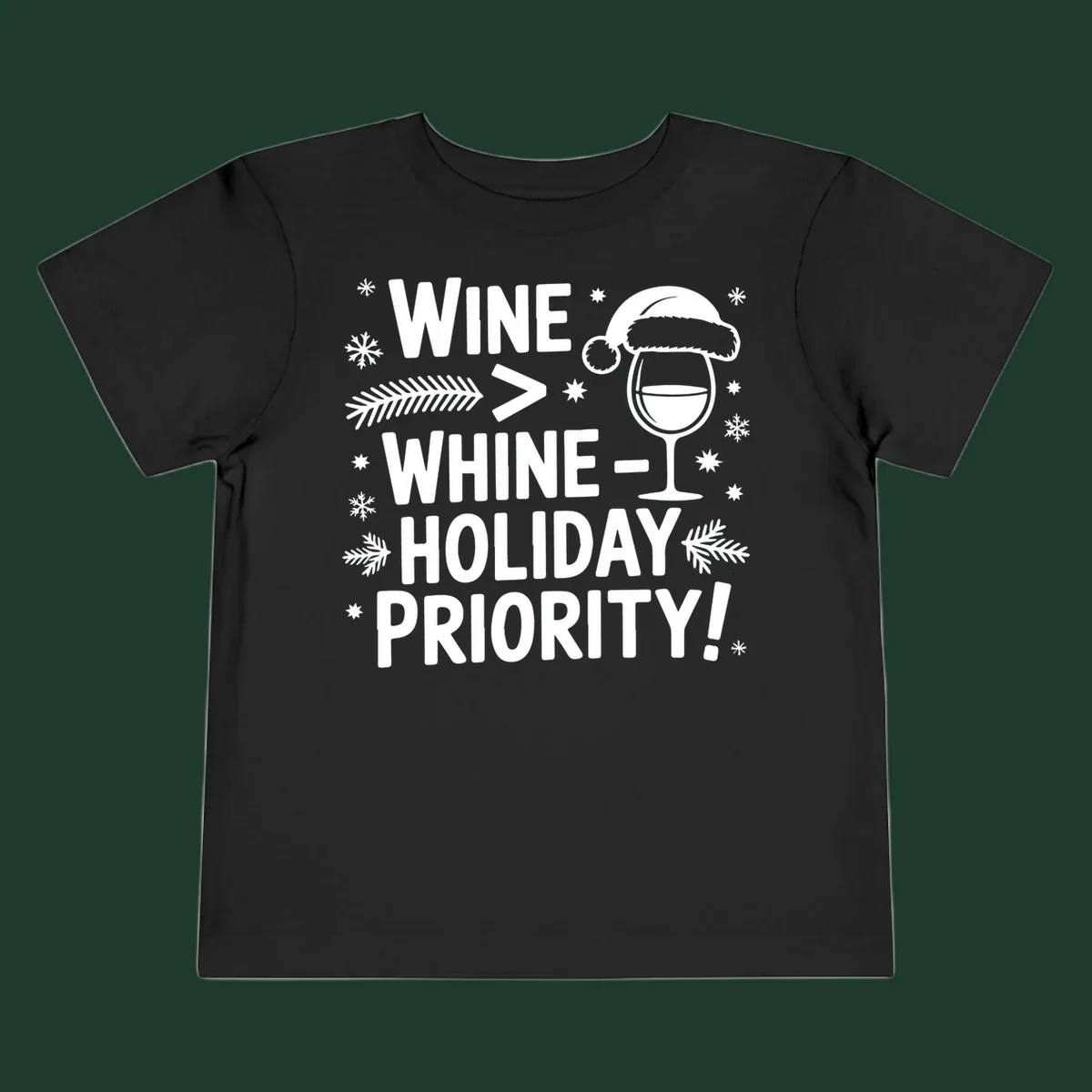 White text graphic with wine glass and holiday elements: Wine > Whine - Holiday Priority!