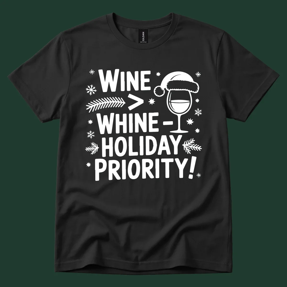 White text graphic with wine glass and holiday elements: Wine > Whine - Holiday Priority!