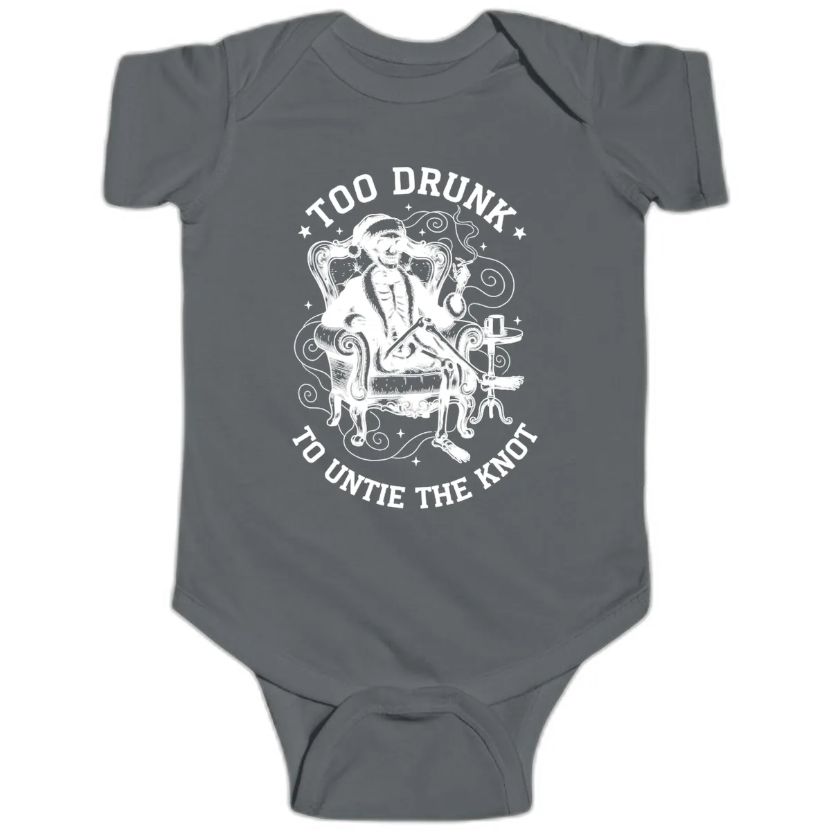 Too Drunk To Untie The Knot Baby Onesie in Charcoal