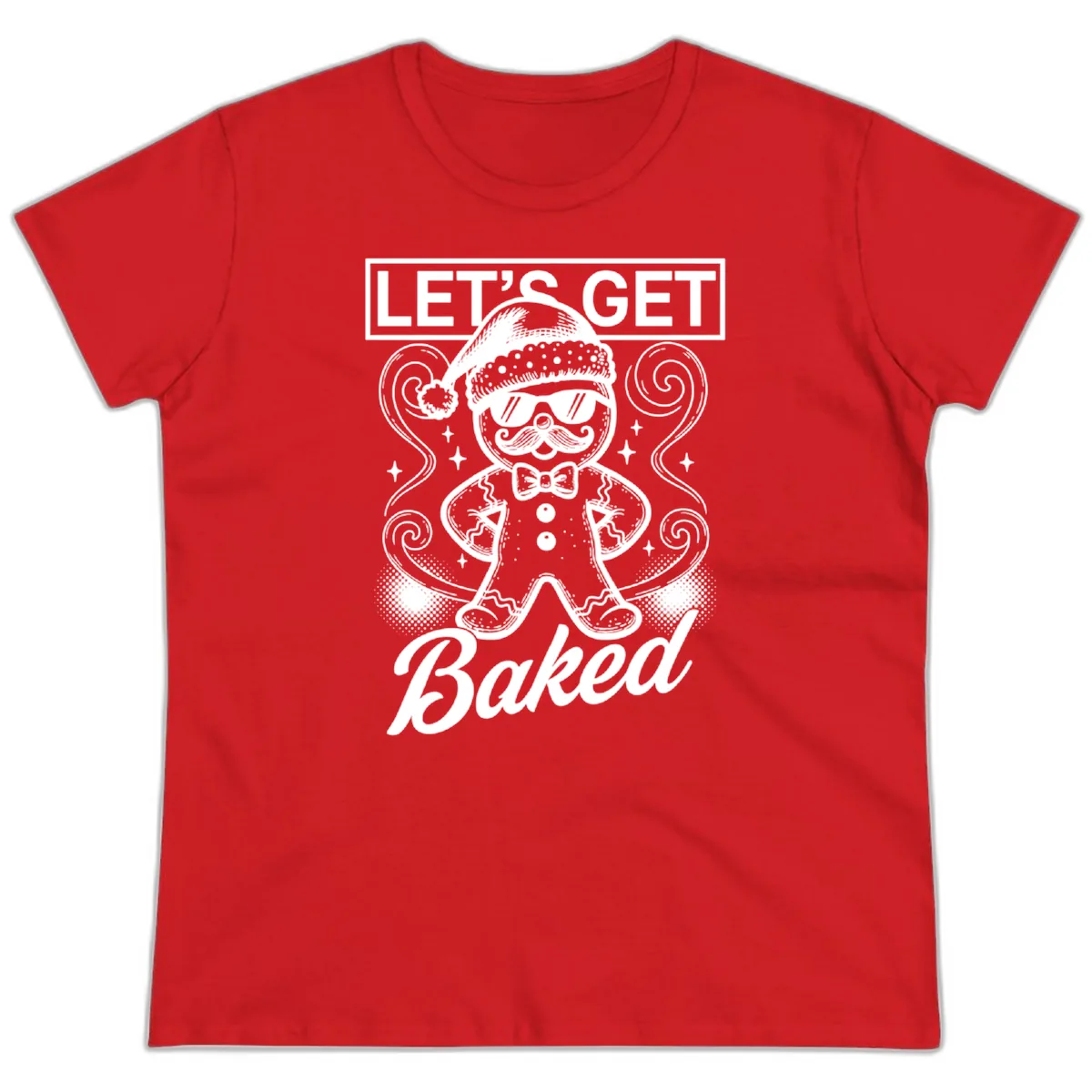 Gingerbread Man "Let's Get Baked" Ladies Tee in Red