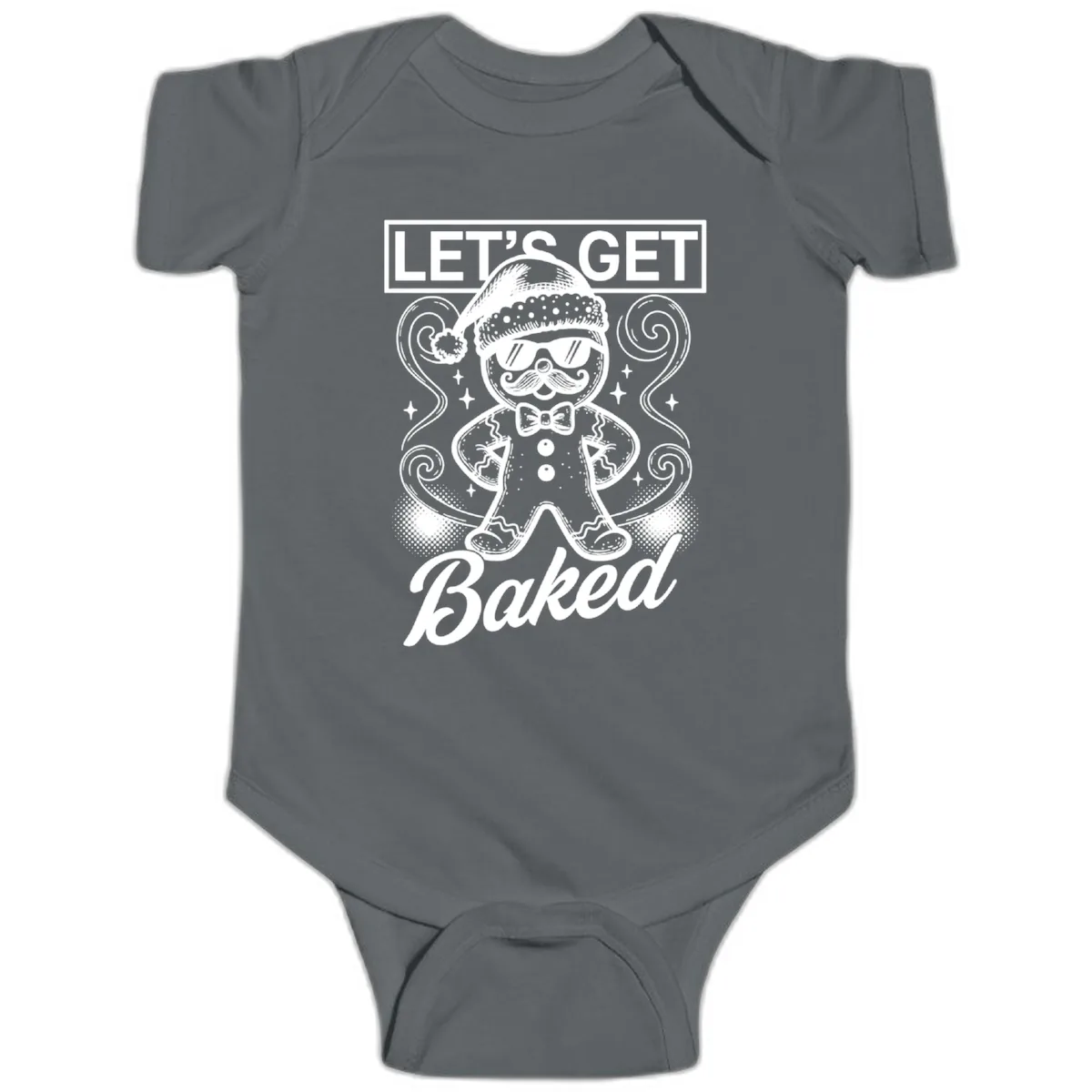 Gingerbread Man "Let's Get Baked" Baby Onesie in Charcoal