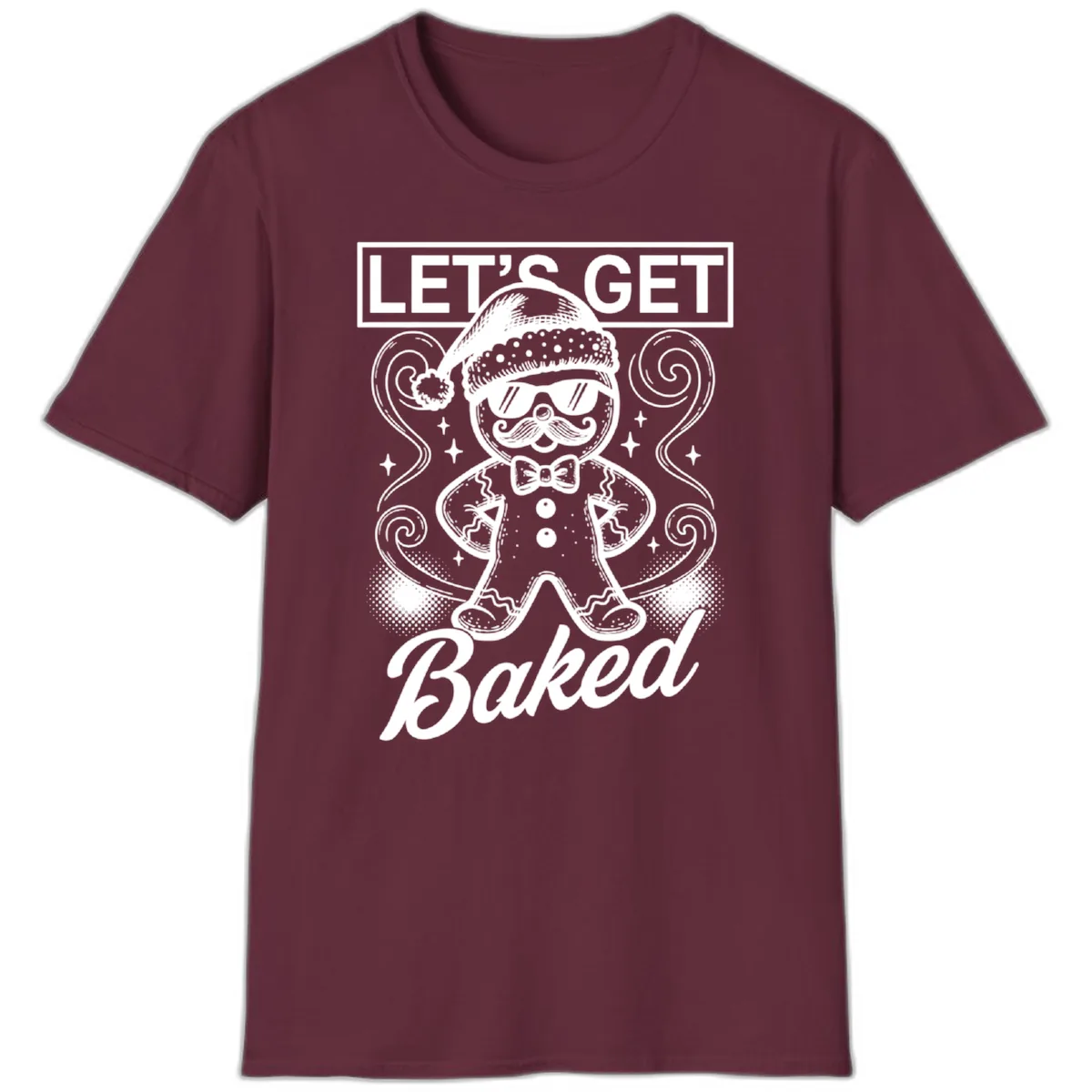 Gingerbread Man "Let's Get Baked" T-Shirt in Maroon