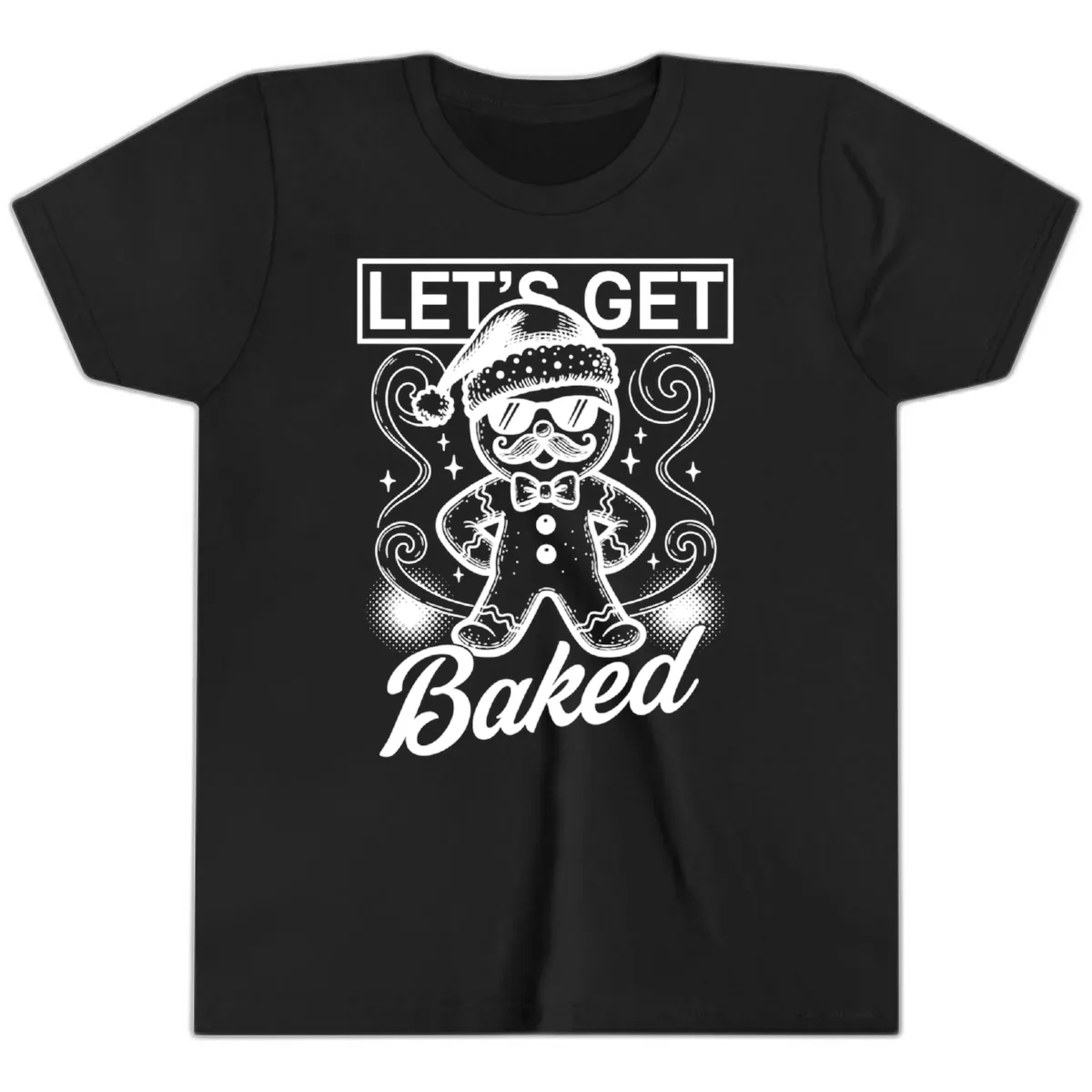 Gingerbread Man "Let's Get Baked" Youth T-Shirt in Black