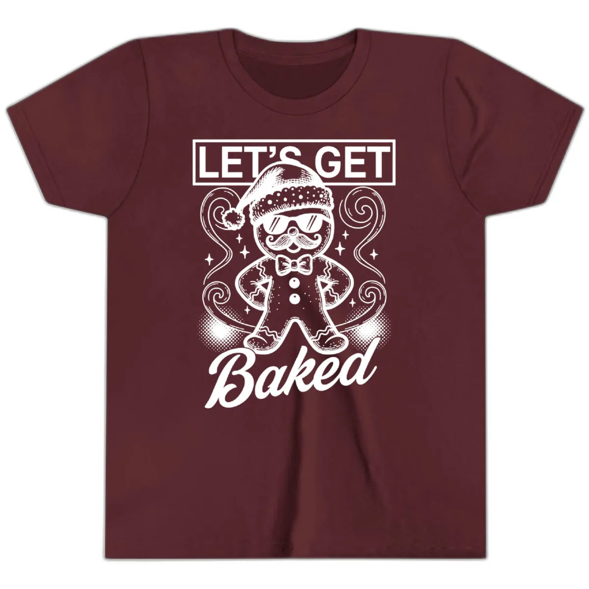 Gingerbread Man "Let's Get Baked" Youth T-Shirt in Maroon