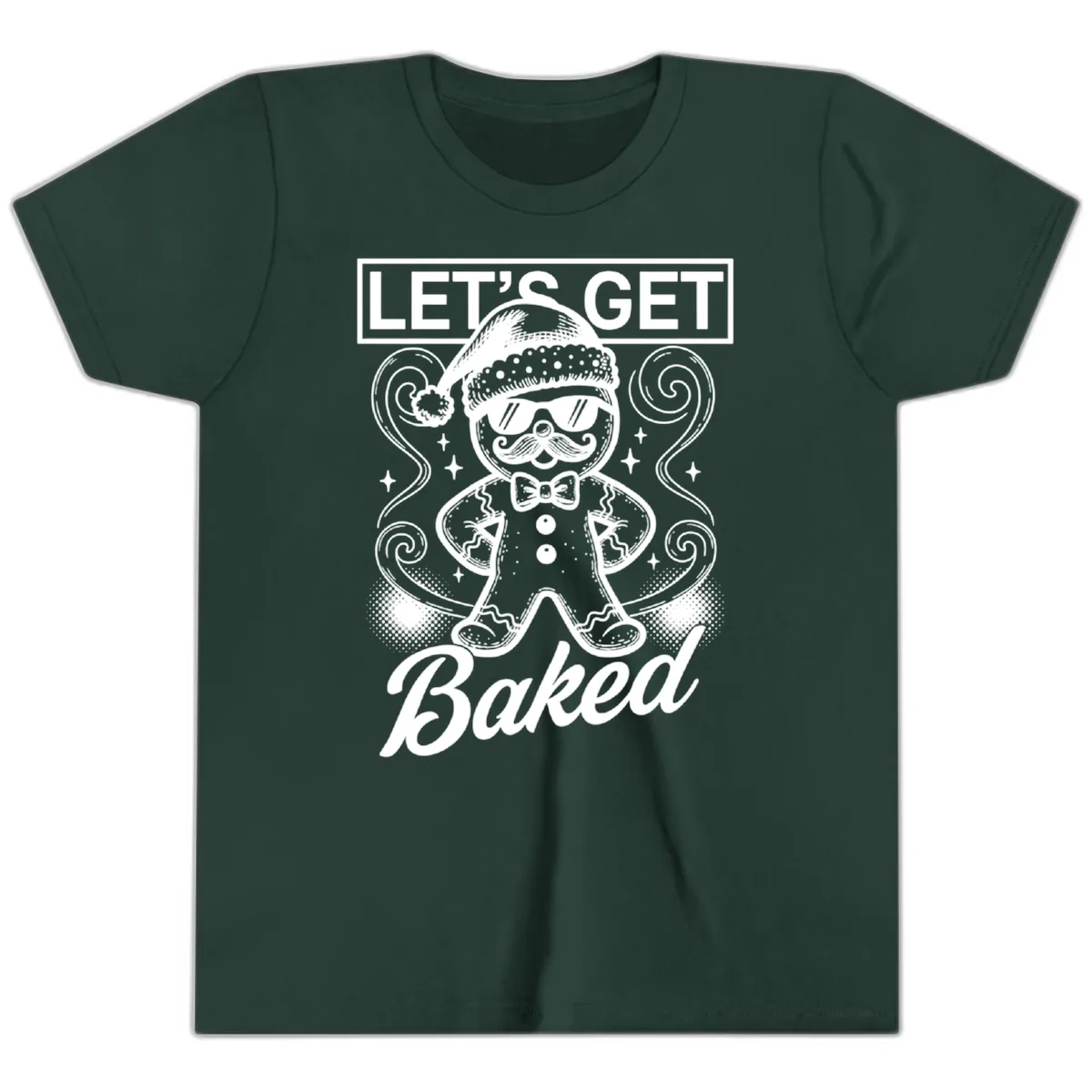 Gingerbread Man "Let's Get Baked" Youth T-Shirt in Forest