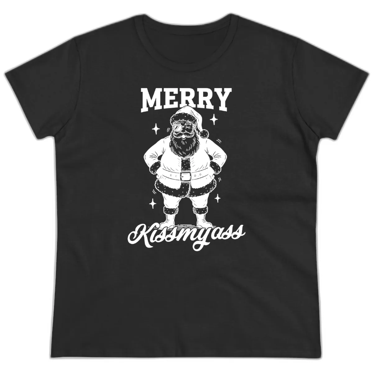 Merry Kiss My Ass Santa Illustration Ladies Tee in Black
