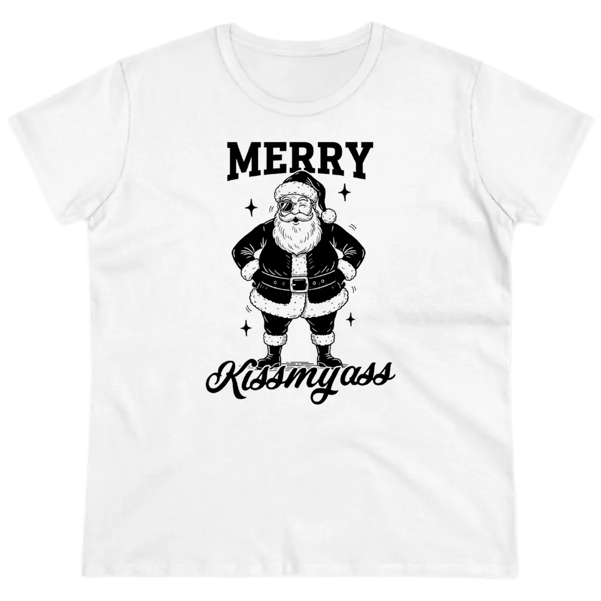 Merry Kiss My Ass Santa Illustration Ladies Tee in White