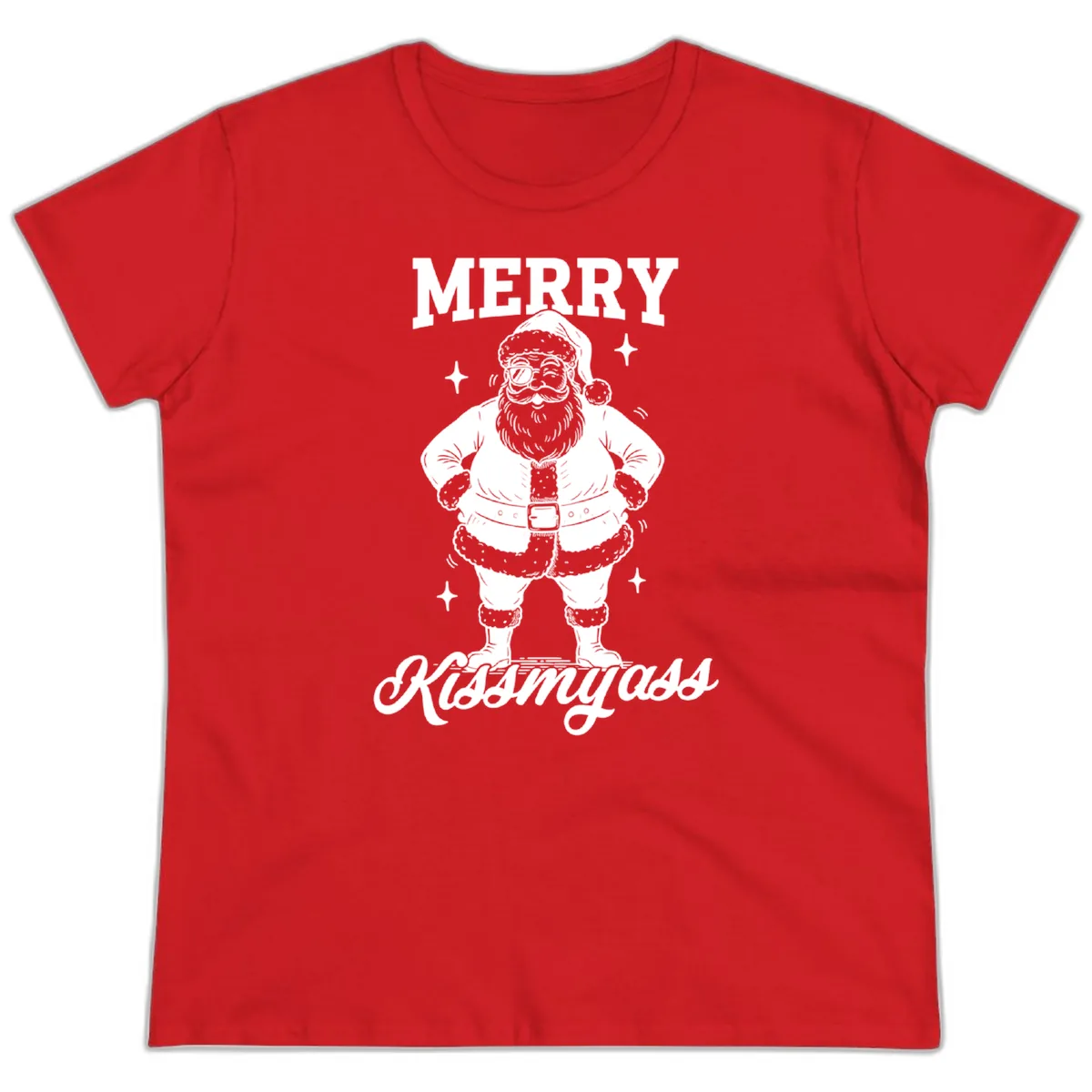 Merry Kiss My Ass Santa Illustration Ladies Tee in Red