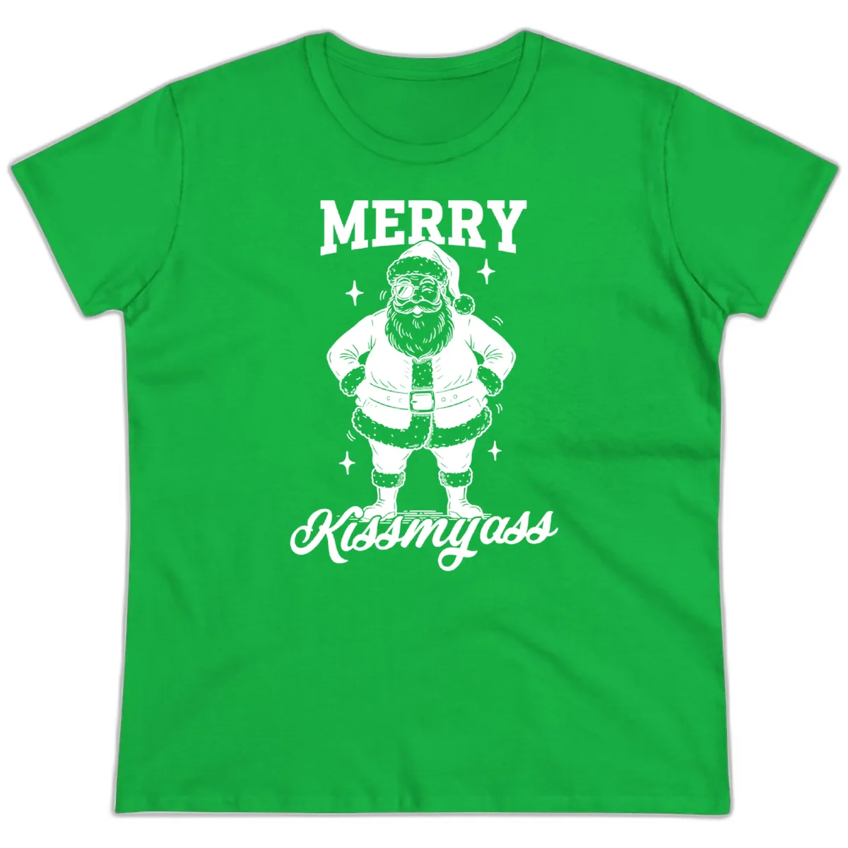 Merry Kiss My Ass Santa Illustration Ladies Tee in Irish Green