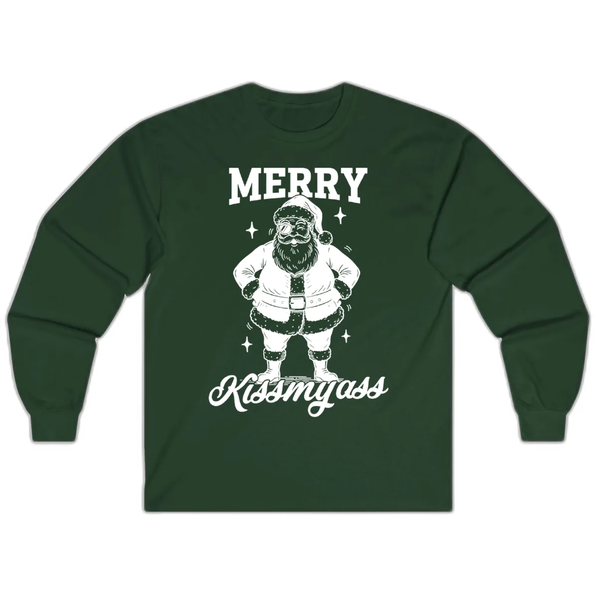 Merry Kiss My Ass Santa Illustration Long Sleeve in Forest Green