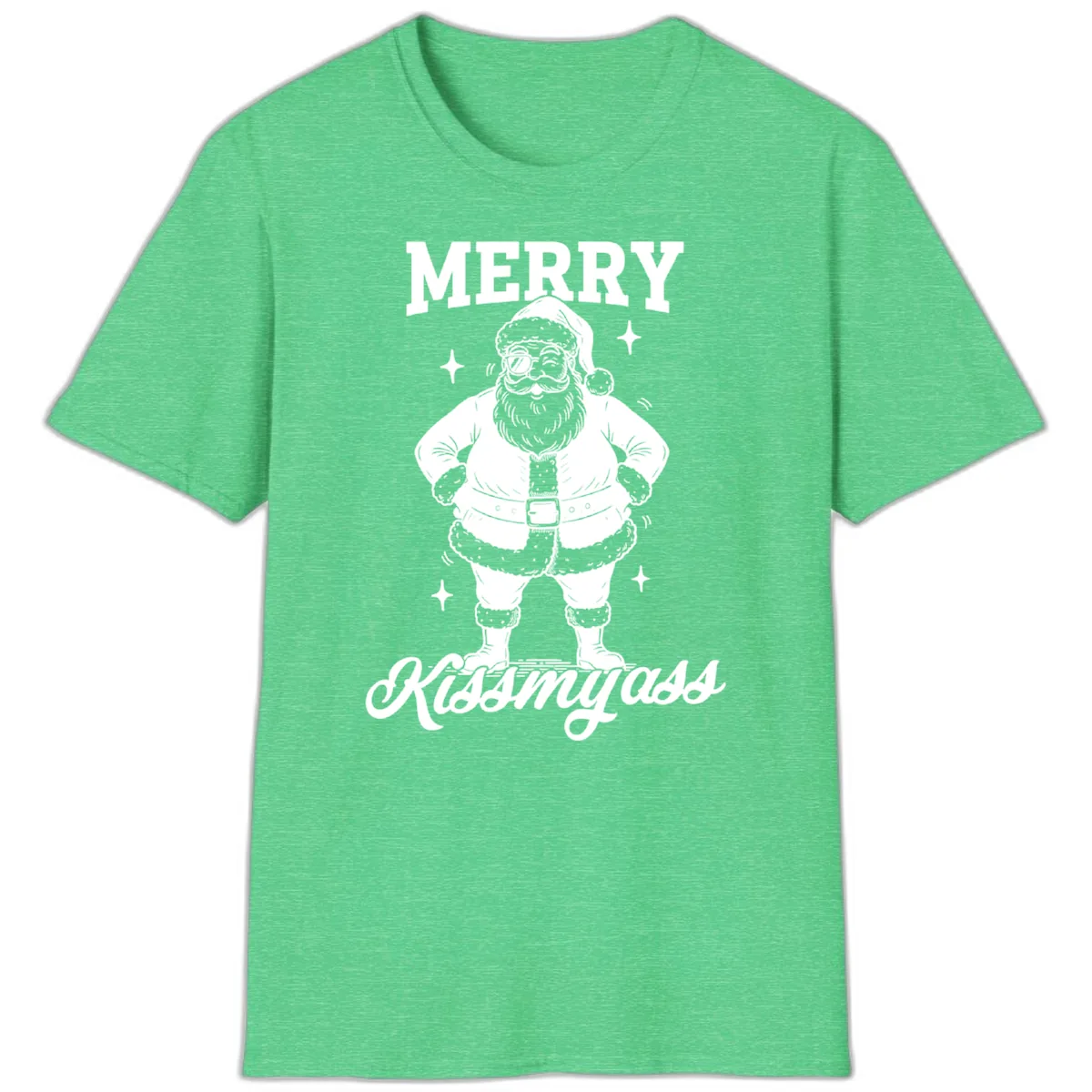 Merry Kiss My Ass Santa Illustration T-Shirt in Heather Irish Green