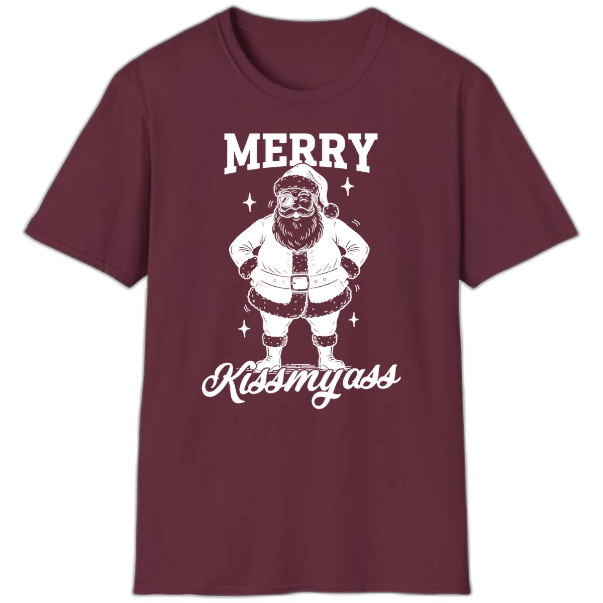 Merry Kiss My Ass Santa Illustration T-Shirt in Maroon