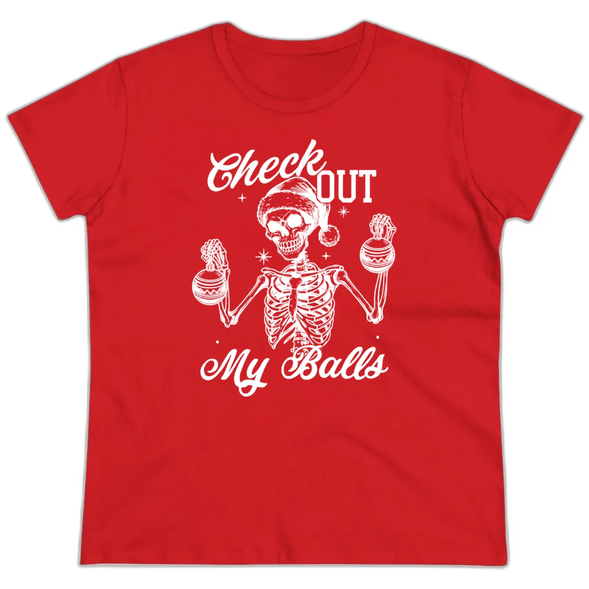 Check Out My Balls Skeleton Design Ladies Tee in Red
