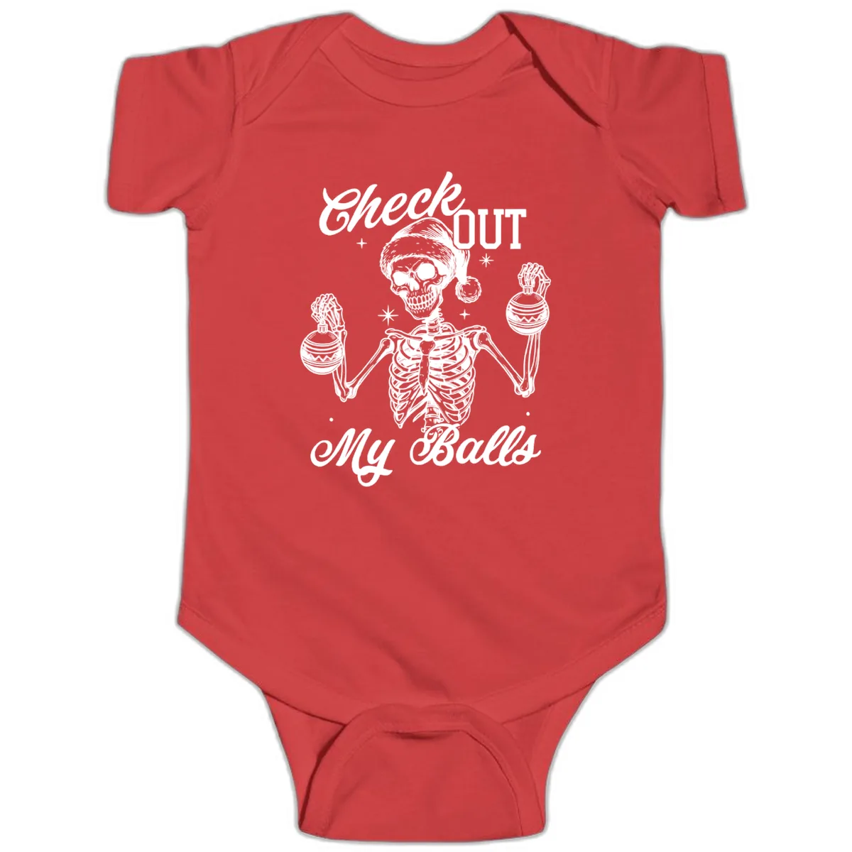 Check Out My Balls Skeleton Design Baby Onesie in Red
