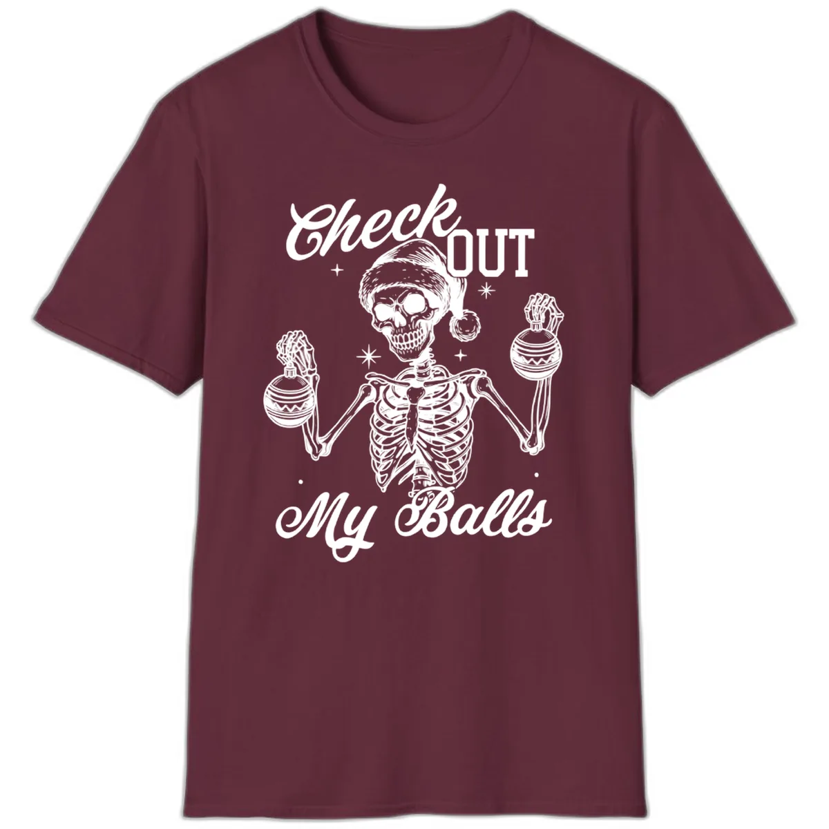 Check Out My Balls Skeleton Design T-Shirt in Maroon