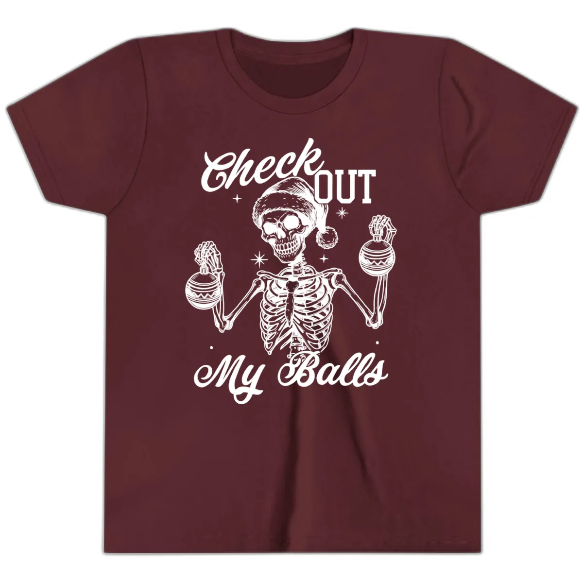 Check Out My Balls Skeleton Design Youth T-Shirt in Maroon