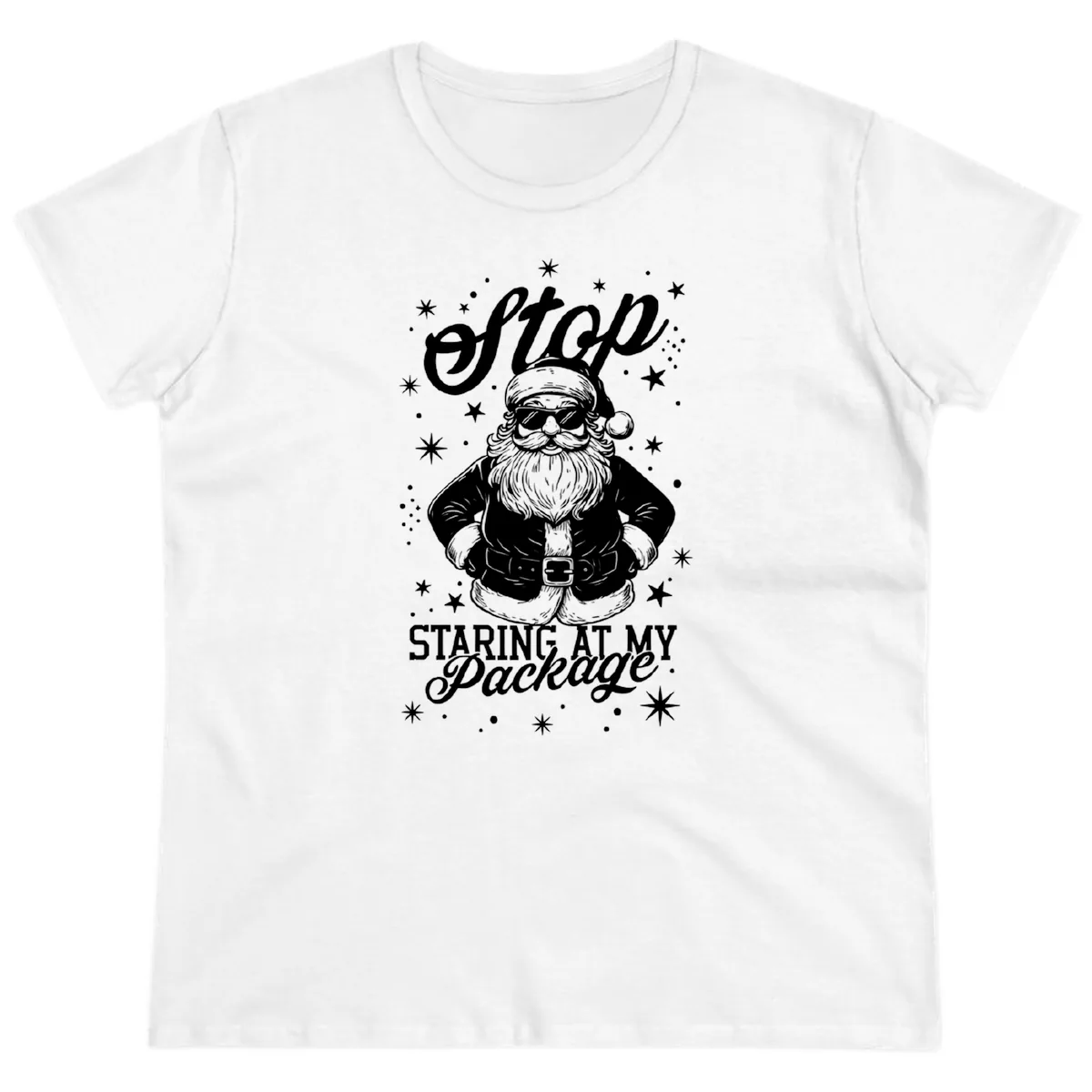 Santa's Package Christmas Graphic Ladies Tee in White