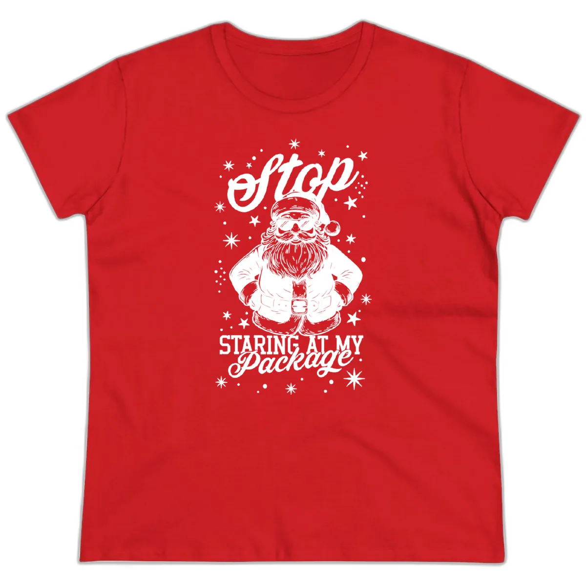 Santa's Package Christmas Graphic Ladies Tee in Red