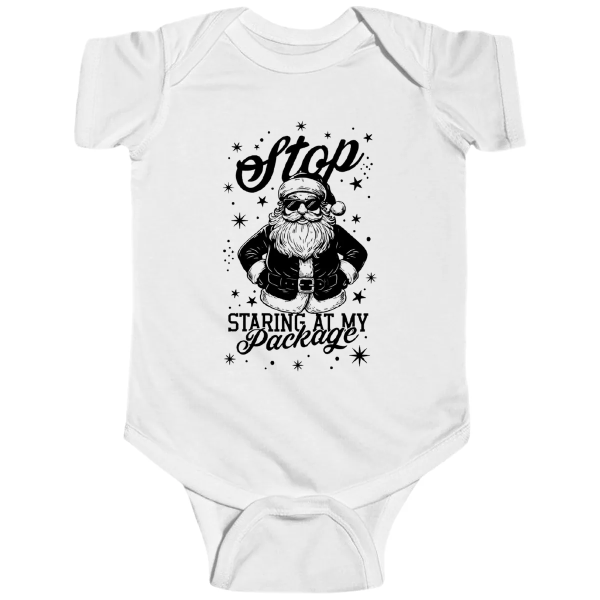 Santa's Package Christmas Graphic Baby Onesie in White