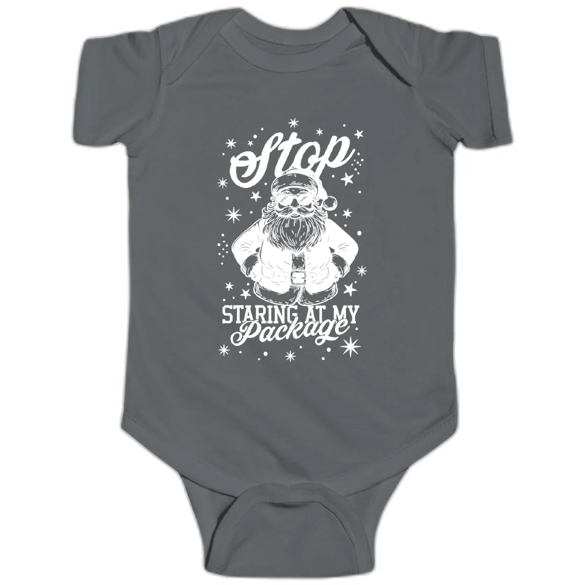 Santa's Package Christmas Graphic Baby Onesie in Charcoal