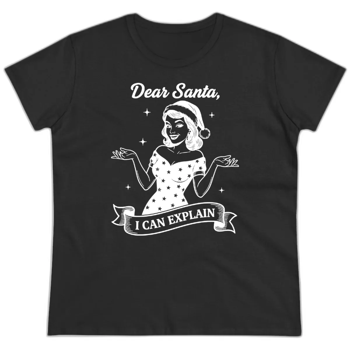 Dear Santa I Can Explain Design Ladies Tee in Black