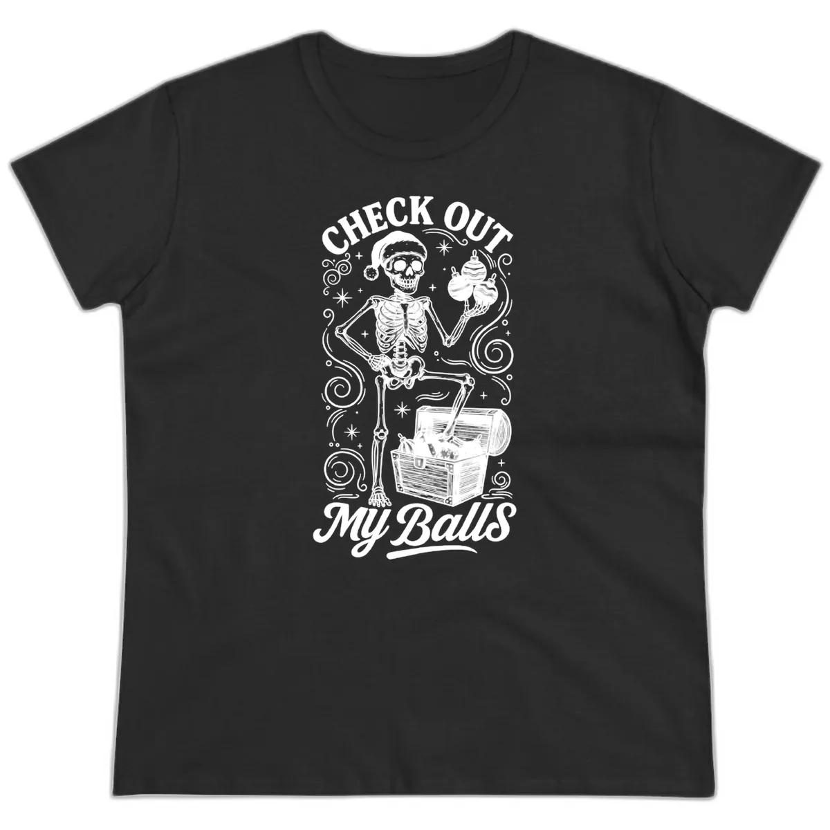 Skeleton Christmas Balls Ladies Tee in Black