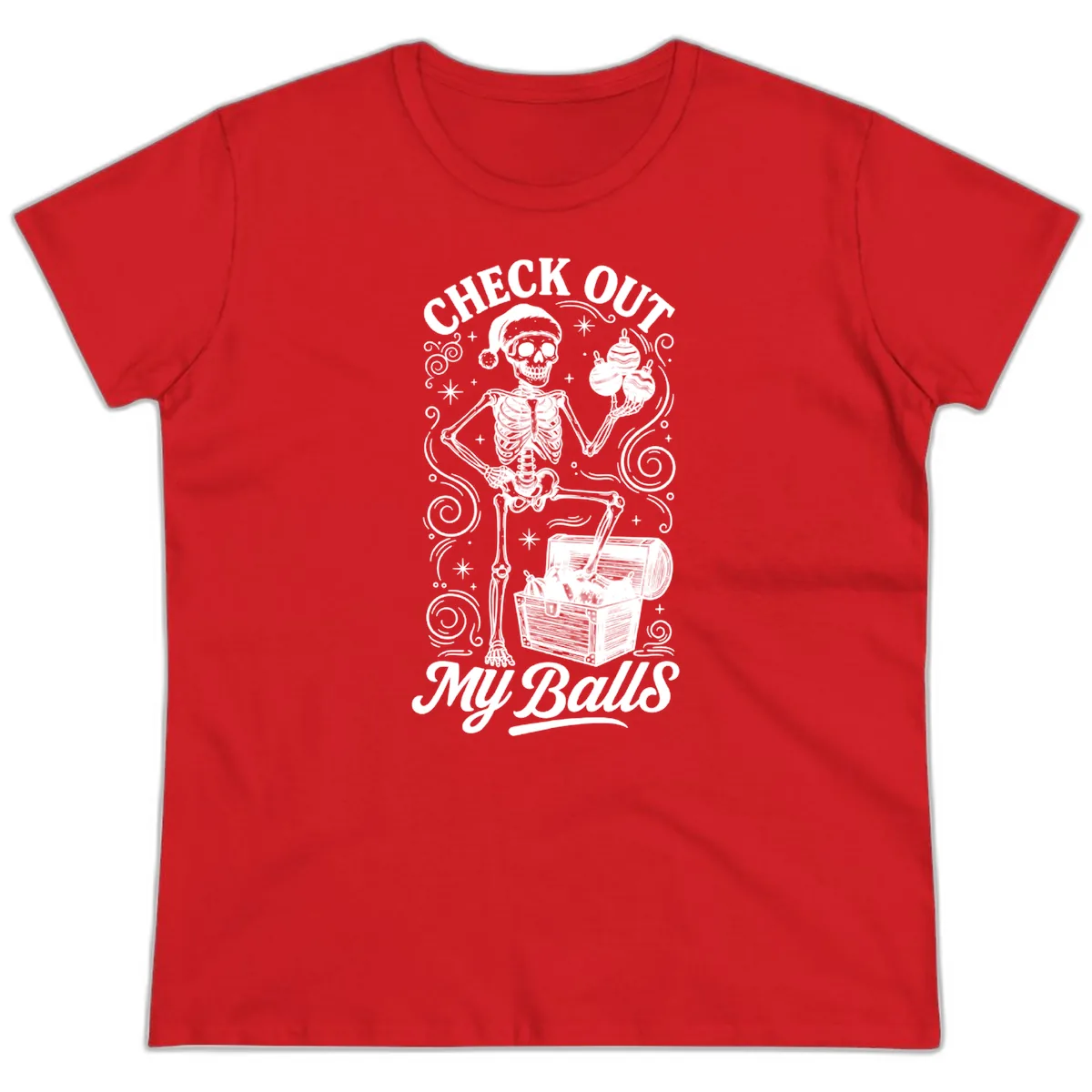 Skeleton Christmas Balls Ladies Tee in Red
