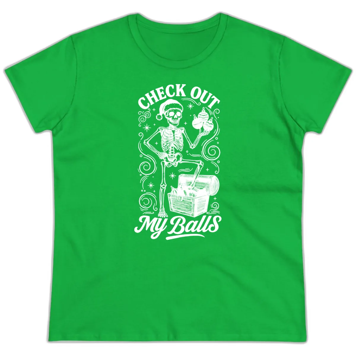 Skeleton Christmas Balls Ladies Tee in Irish Green
