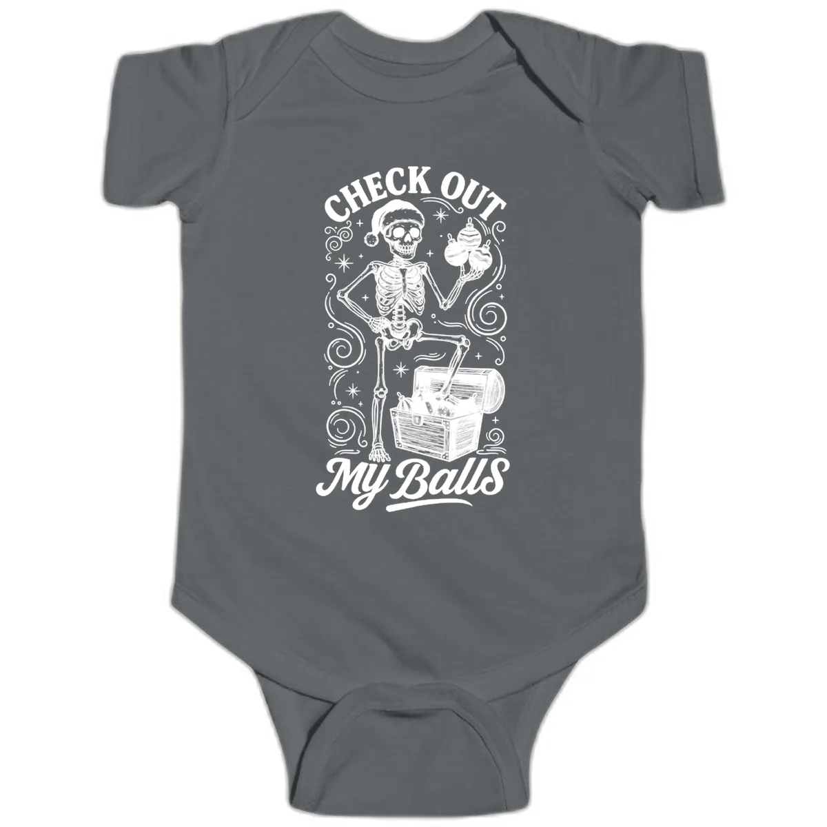 Skeleton Christmas Balls Baby Onesie in Charcoal