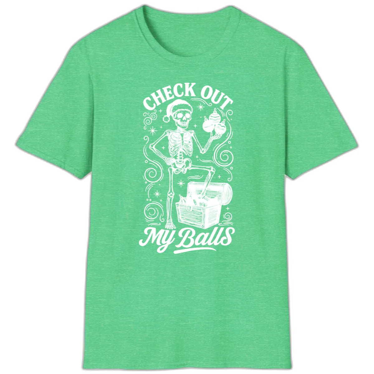 Skeleton Christmas Balls T-Shirt in Heather Irish Green