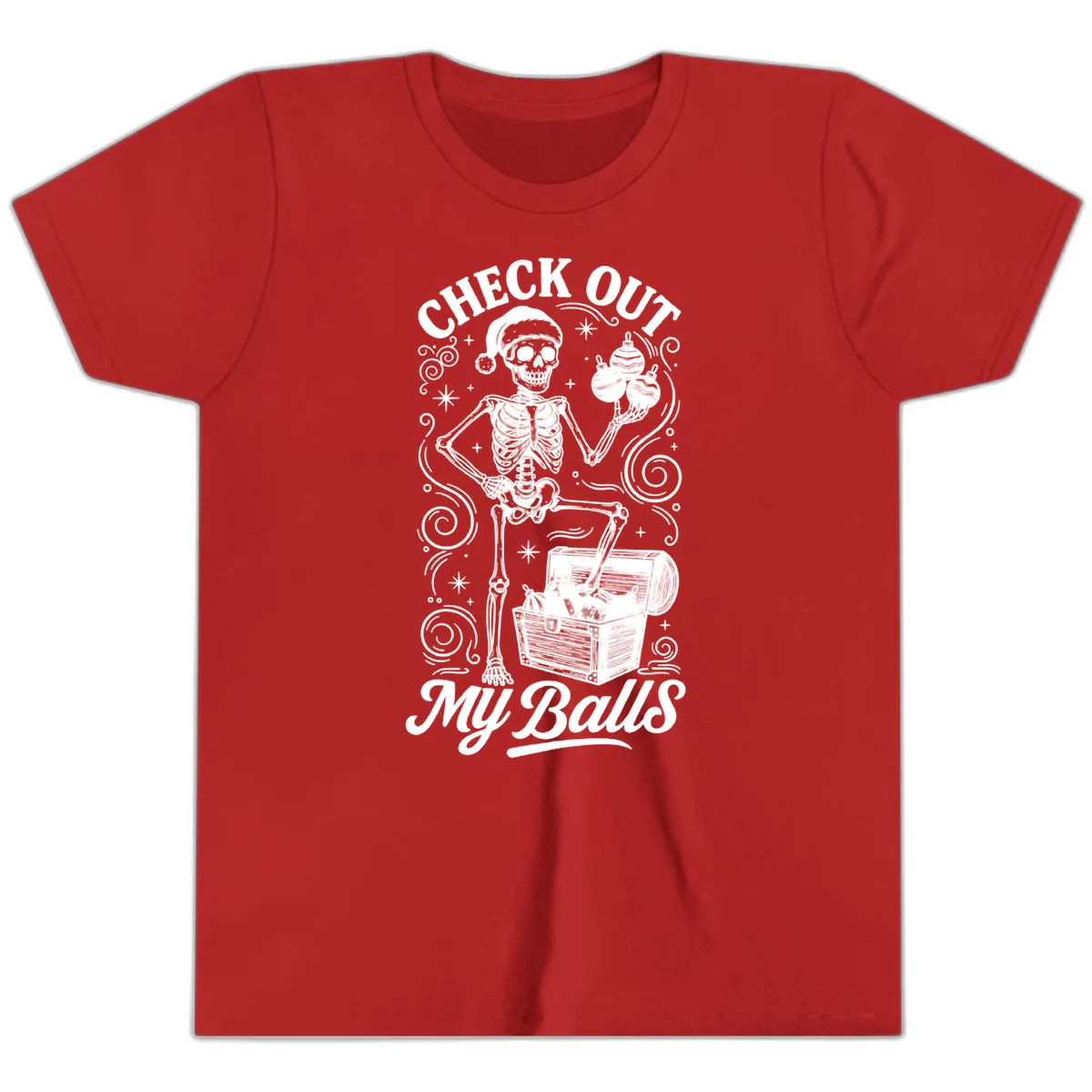 Skeleton Christmas Balls Youth T-Shirt in Red