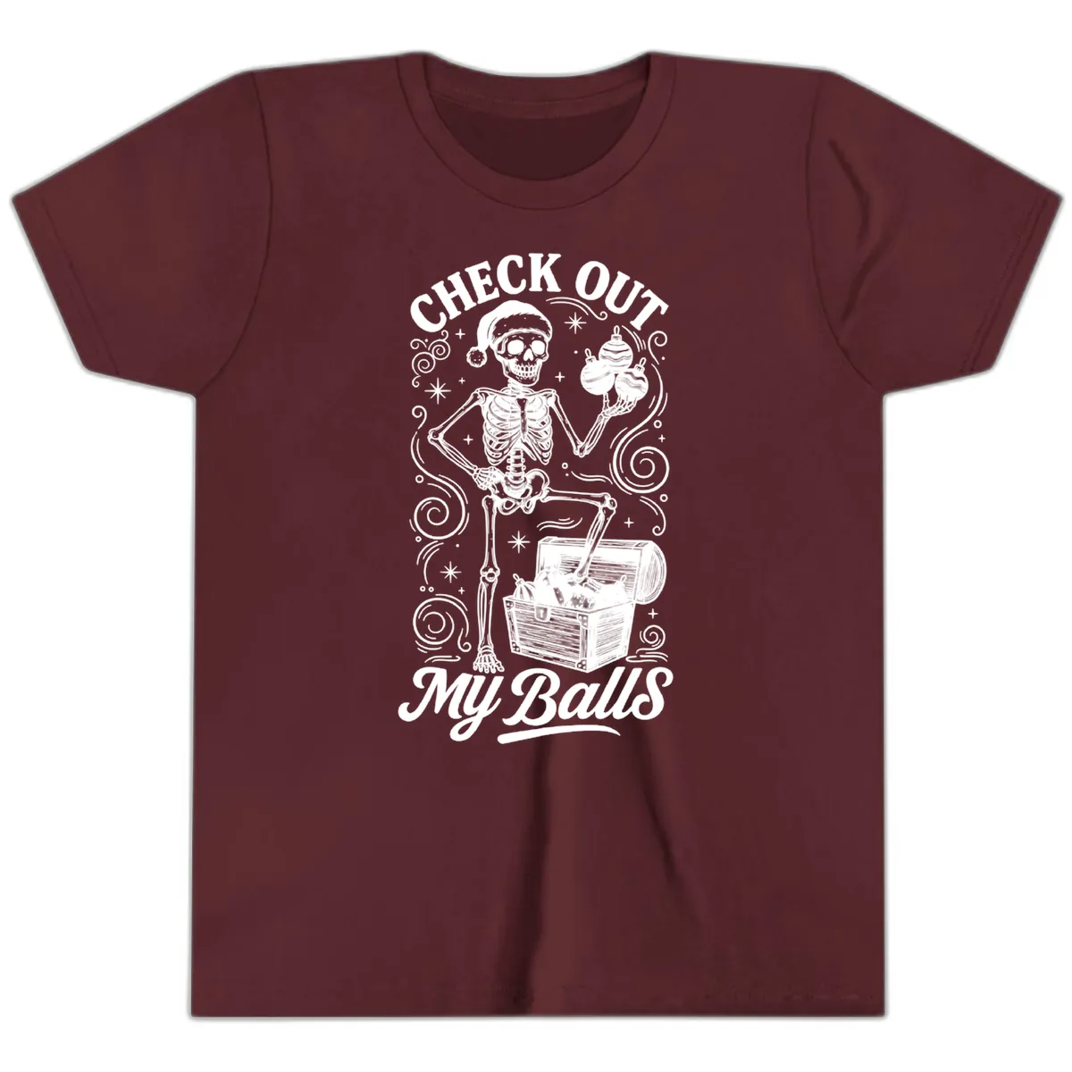 Skeleton Christmas Balls Youth T-Shirt in Maroon