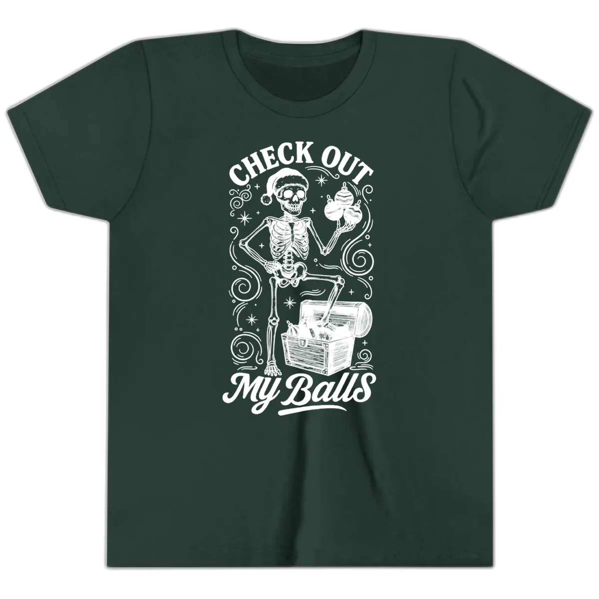 Skeleton Christmas Balls Youth T-Shirt in Forest