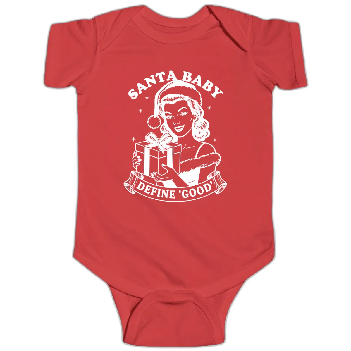 Santa Baby Define Good Baby Onesie in Red