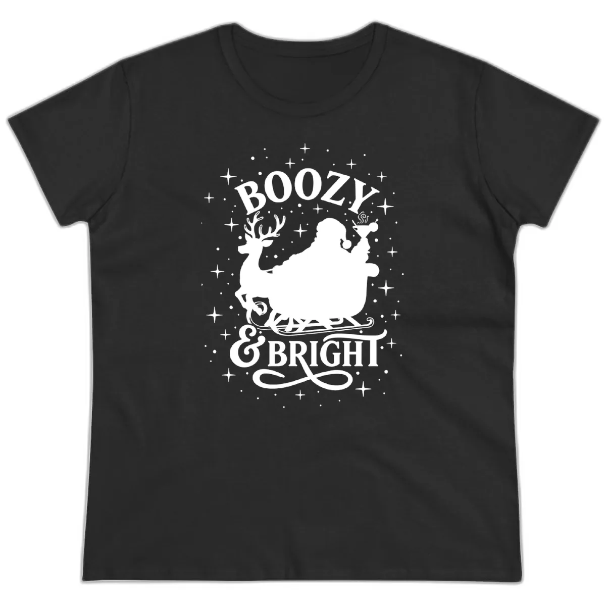 Boozy & Bright Christmas Design Ladies Tee in Black