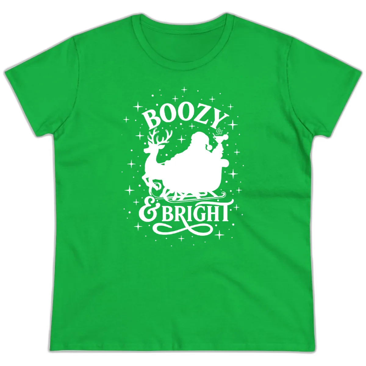 Boozy & Bright Christmas Design Ladies Tee in Irish Green