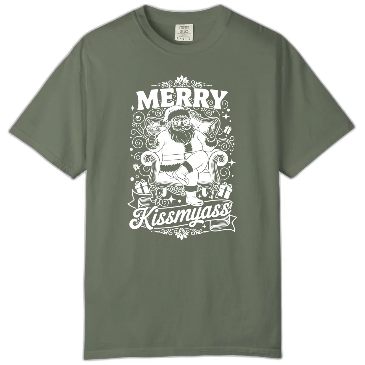 Merry Kissmyass Santa Illustration Comfort Color in Moss