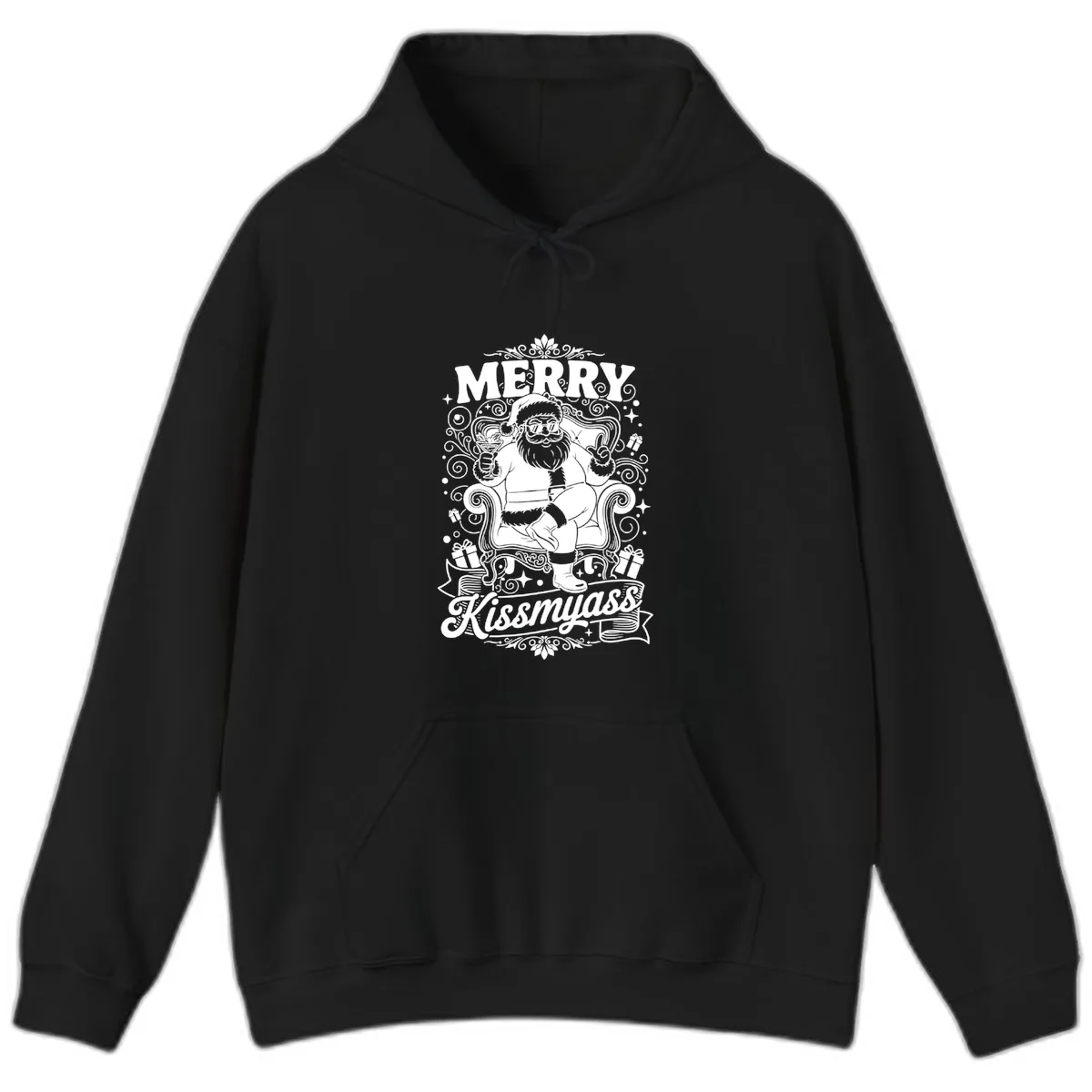 Merry Kissmyass Santa Illustration Hoodie in Black