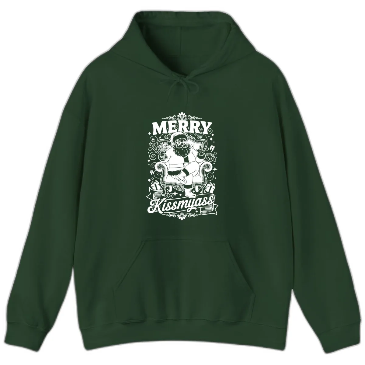 Merry Kissmyass Santa Illustration Hoodie in Forest Green