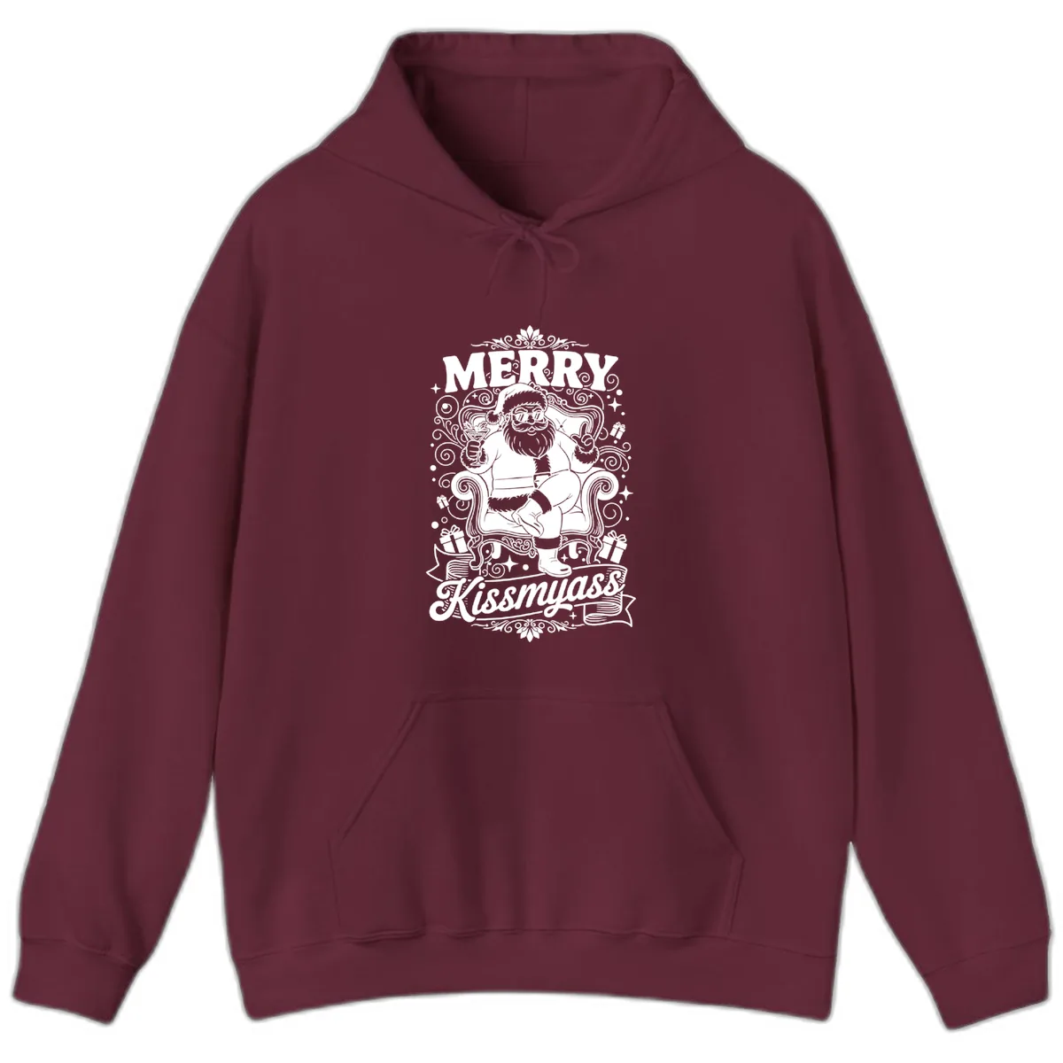 Merry Kissmyass Santa Illustration Hoodie in Maroon