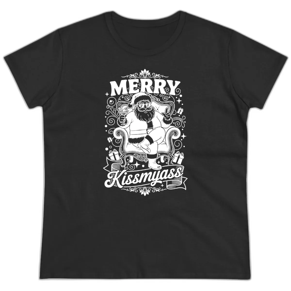 Merry Kissmyass Santa Illustration Ladies Tee in Black