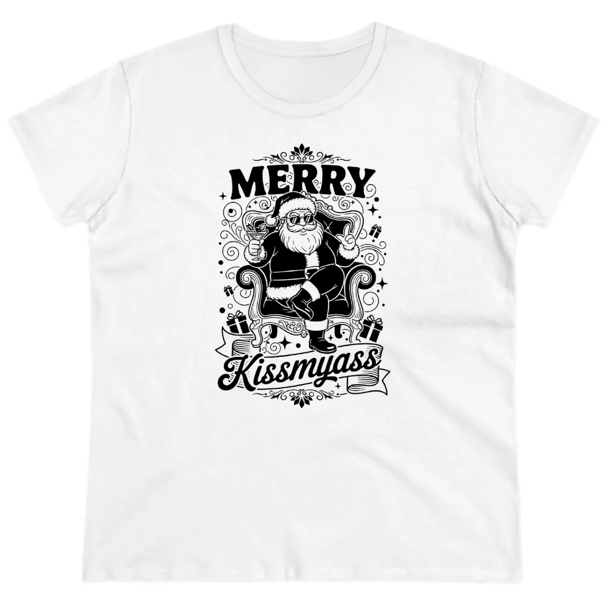 Merry Kissmyass Santa Illustration Ladies Tee in White