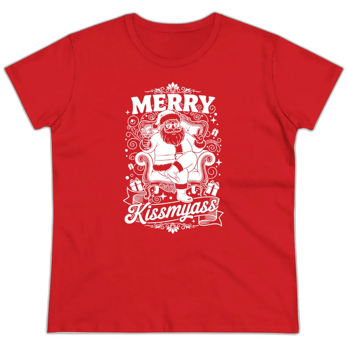Merry Kissmyass Santa Illustration Ladies Tee in Red