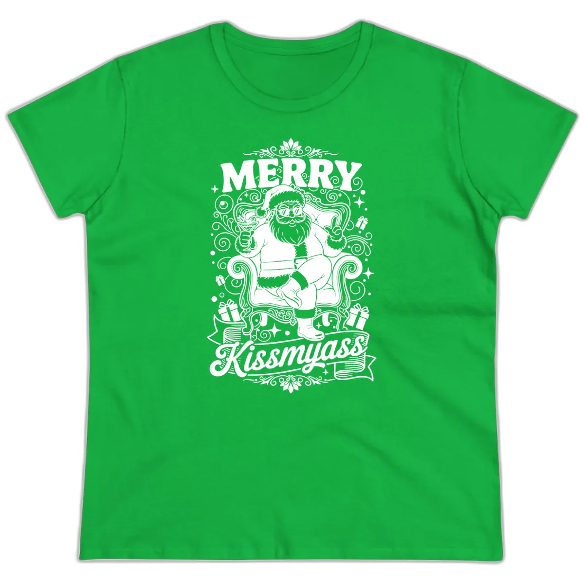 Merry Kissmyass Santa Illustration Ladies Tee in Irish Green