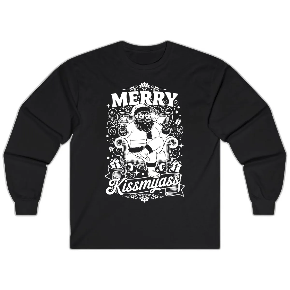 Merry Kissmyass Santa Illustration Long Sleeve in Black