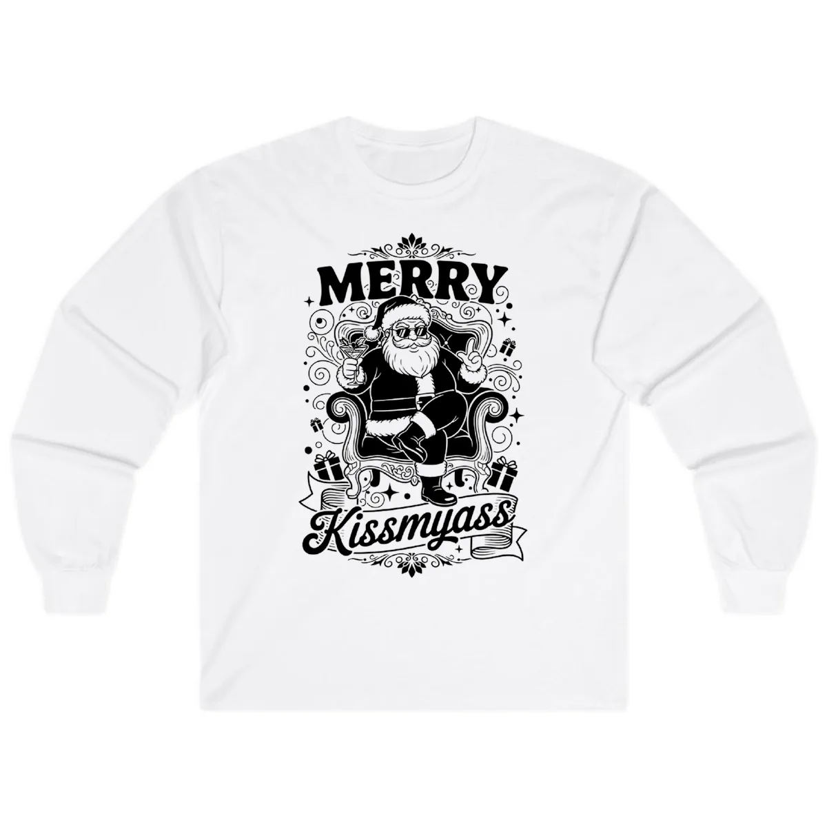Merry Kissmyass Santa Illustration Long Sleeve in White