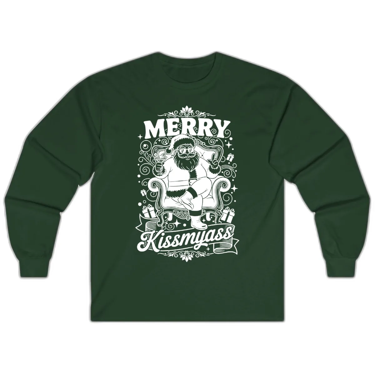 Merry Kissmyass Santa Illustration Long Sleeve in Forest Green