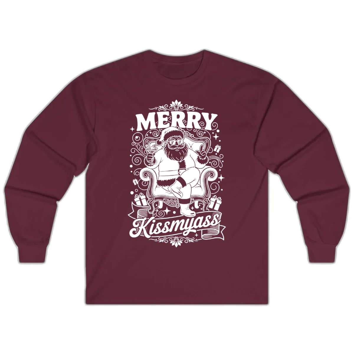 Merry Kissmyass Santa Illustration Long Sleeve in Maroon