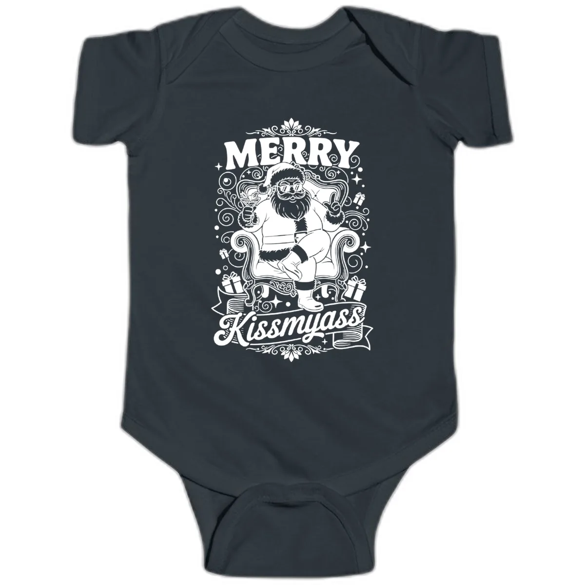 Merry Kissmyass Santa Illustration Baby Onesie in Black